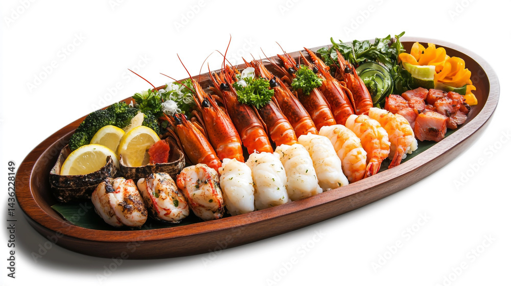 Fresh seafood platter featuring lobster, shrimp, and crab on a white background, gourmet presentation with vibrant colors Fresh seafood platter featuring lobster, shrimp, and crab on a white background, gourmet presentation with vibrant colors