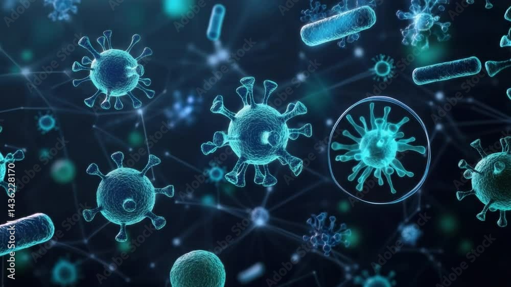 Microscopic View of Bacteria and Viruses in a Complex Digital Environment with Neon Glow Effects Microscopic View of Bacteria and Viruses in a Complex Digital Environment with Neon Glow Effects