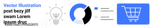 Lightbulb with glowing lines, pie chart in three sections, and shopping cart icon. Ideal for innovation, analytics, business idea, e-commerce, strategy, marketing consumer behavior simple landing