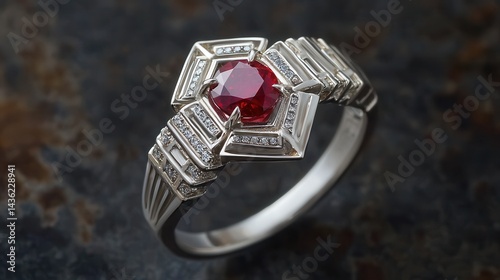 art deco ring with central ruby and stepped setting, geometric elegance, luxurious detail 