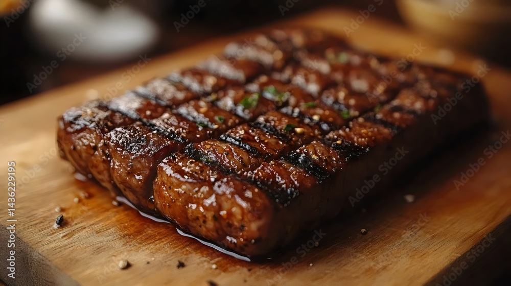 A close-up of a perfectly grilled steak on a wooden cutting board, ready to serve. A close-up of a perfectly grilled steak on a wooden cutting board, ready to serve.