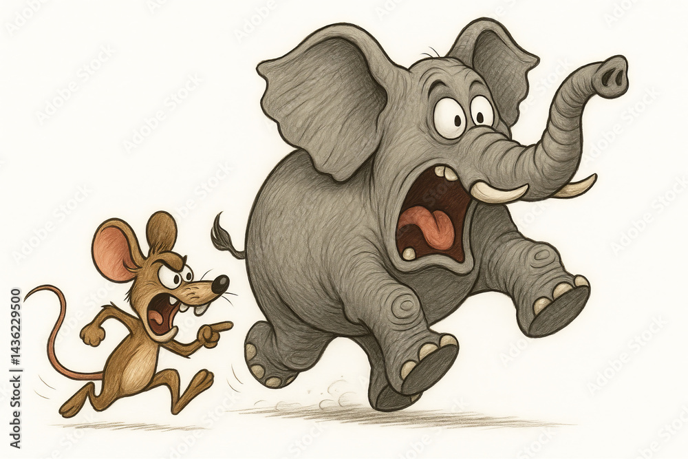 Cartoon Elephant Fleeing From Angry Mouse in Amusing Artwork Scene