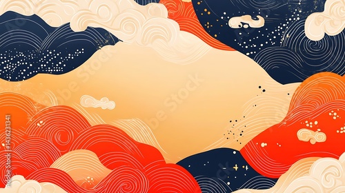 Abstract Asian Inspired Wave Design with Clouds