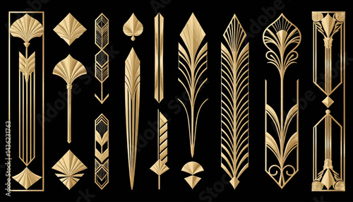 Elegant Art Deco Ornaments_Golden 1920s Style_Vintage Design Elements_Geometric Patterns_Luxury Decorations_Retro Aesthetic_Jazz Age Inspiration_Glamorous Art Nouveau Motifs