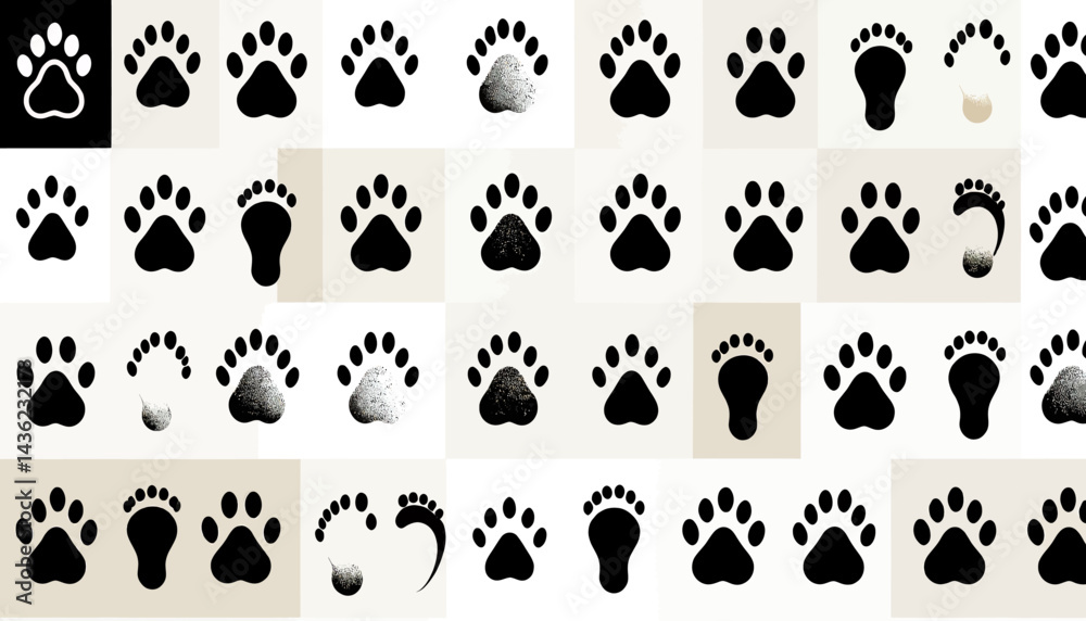 Fototapeta premium Paw Print Variety_Unique Animal Footprints_Pet Paw Illustrations_Vector Paw Designs_Creative Paw Art_Animal Track Graphics_Dog and Cat Paw Collection