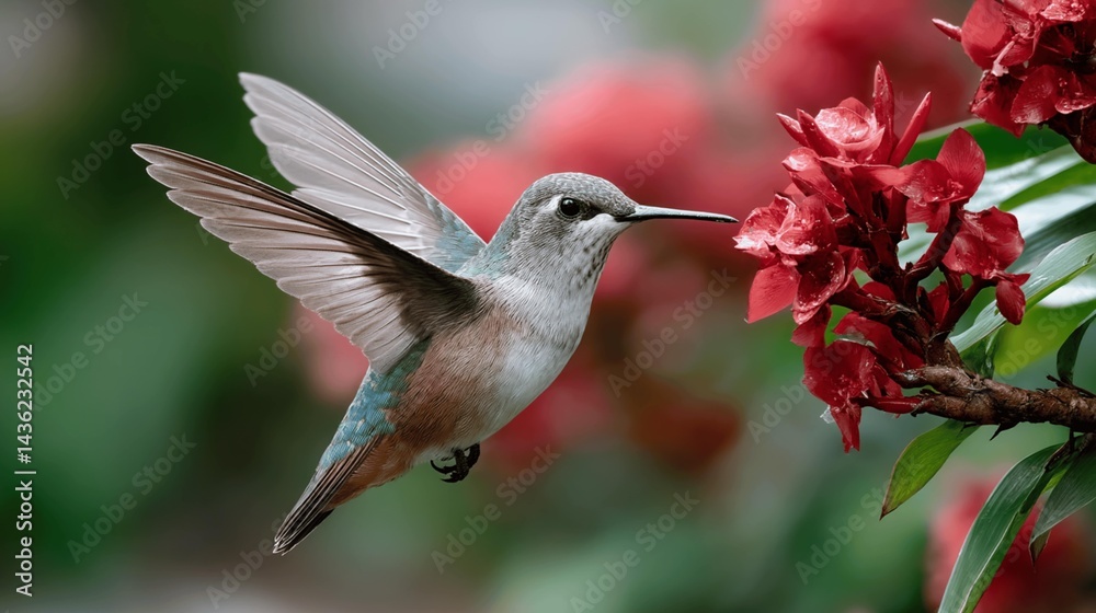 Naklejka premium Hummingbird in Flight, Feeding on Red Flowers A Stunning Nature Photograph