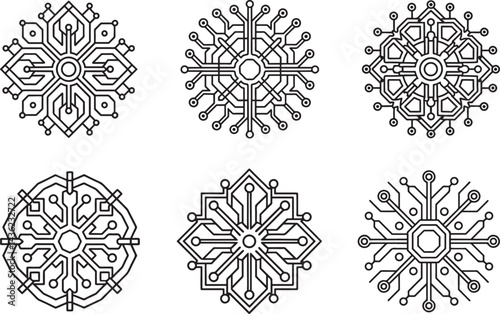 set of circuit board mandala technology line art, black outline, vector and illustration, coloring book page line art drawing