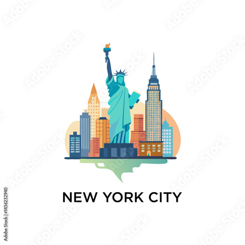 New York city architecture retro vector illustration, skyline silhouette, skyscraper, flat design