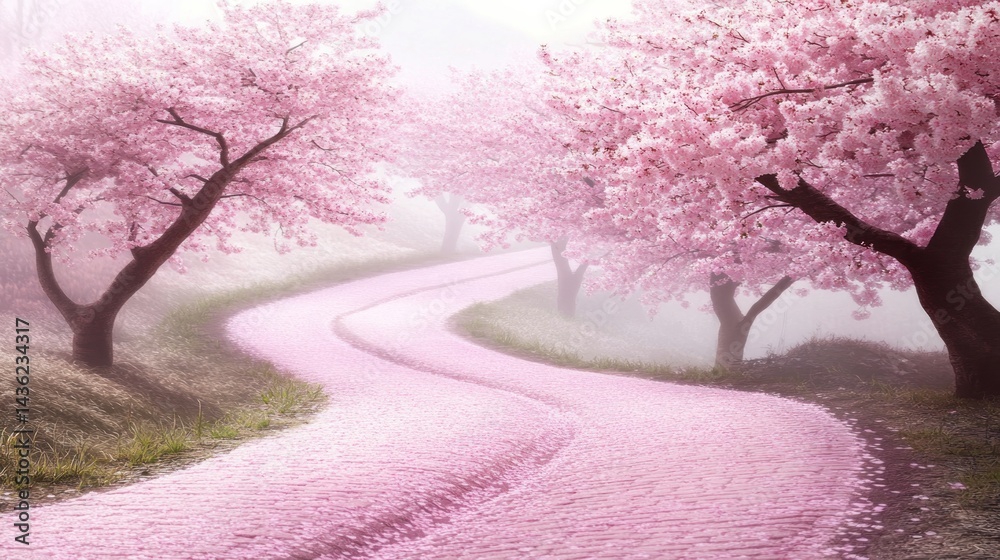 Obraz premium A winding path covered in pink cherry blossoms.