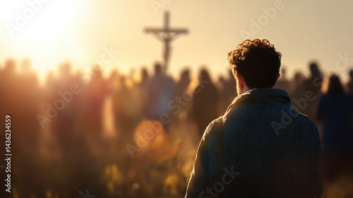 Young man looking at a crowd of people praying in front of a cross on a meadow with sunset light