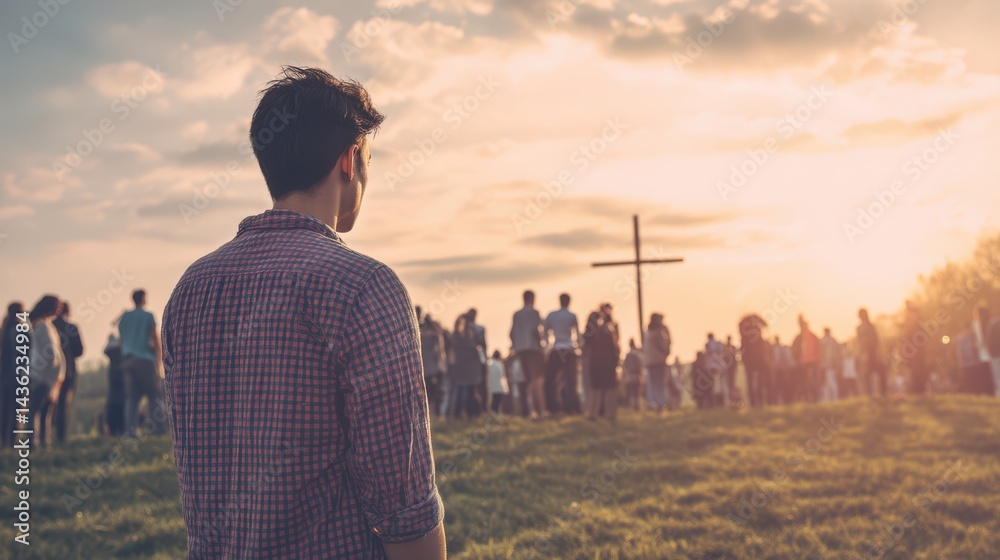 Fototapeta premium Young man looking at a crowd of people praying in front of a cross on a meadow with sunset light