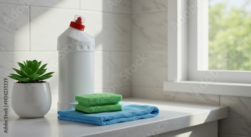 Cleaning supplies and sponges on a nightstand