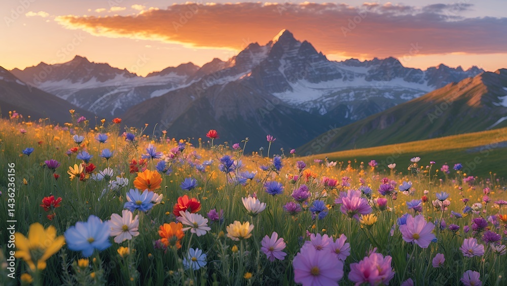 Obraz premium Mountain Range with Meadow of Wildflowers in Golden Light