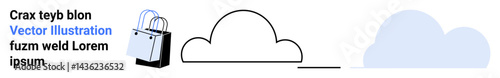 Shopping bag beside outlined and filled clouds representing e-commerce, cloud computing, marketing, logistics, data services, digital solutions, and consumer trends. Ideal for flat landing page