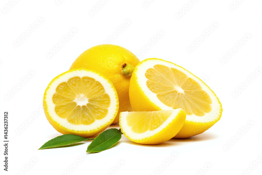 three lemons with leaves on a white background three lemons with leaves on a white background