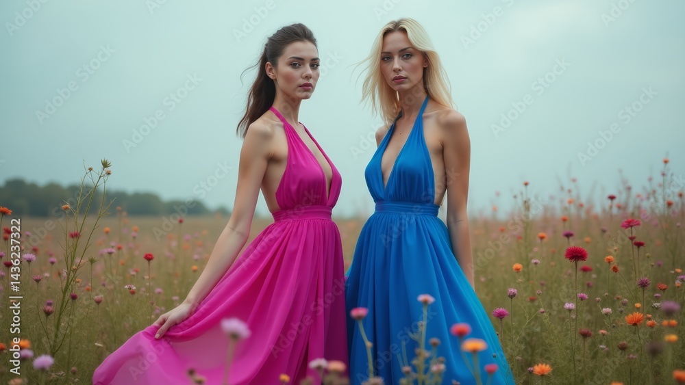 Fototapeta premium Two Elegant Women In Floral Field