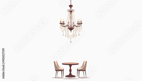 Elegant chandelier illuminating minimalist dining space, modern design