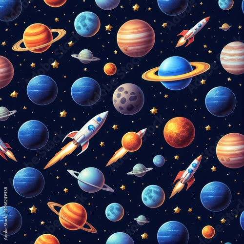 Holographic stickers featuring planets, UFOs, and rockets, metallic iridescent effects, starry dust, deep blue backdrop, sci-fi details.