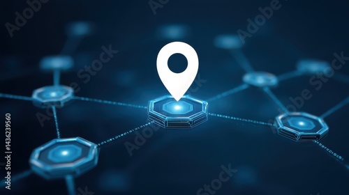 A pin icon placed at the center, connected by chains of digital blocks and smart contract symbols