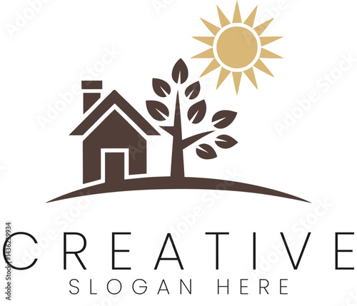 House Tree Sun Logo Design Brown Nature Home icon real warm green clean rural style symbol vector   