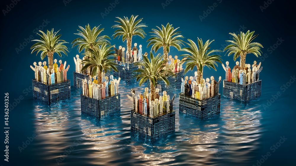 Obraz premium islands with neon trees and happy avatars waving from the edges
