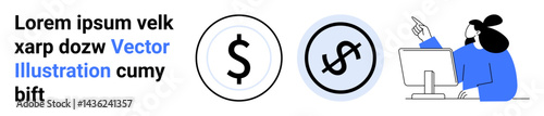 Woman pointing at a computer screen while analyzing dollar signs in circle icons. Ideal for finance, investment, analytics, economy, business, planning, simple landing page