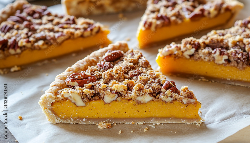 Variety of fall pie slices on parchment paper Variety of fall pie slices on parchment paper