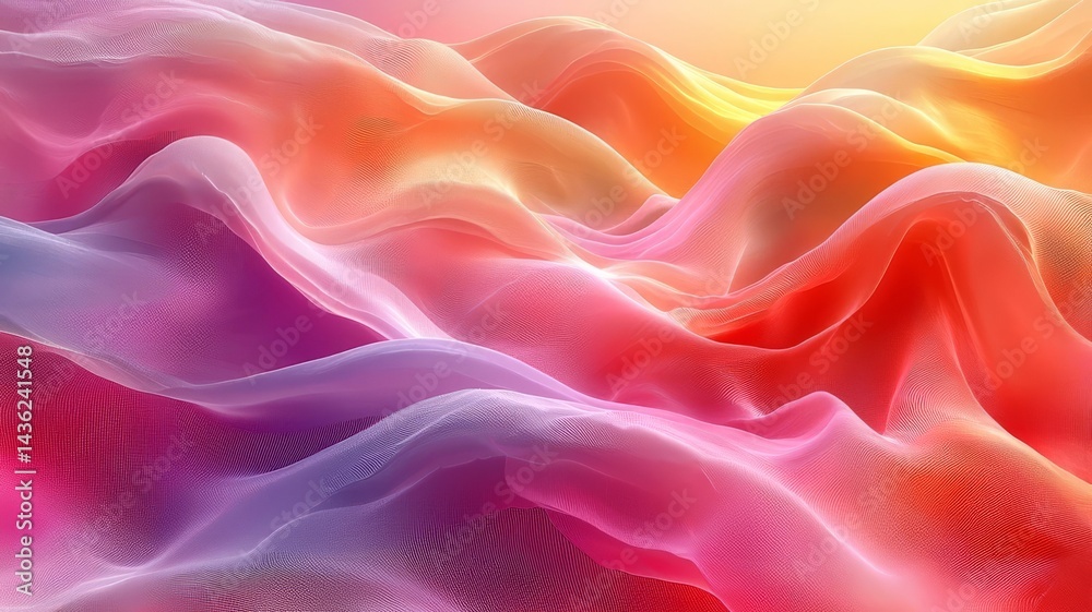 Fototapeta premium Vibrant abstract waves of pink, orange, and yellow fabric-like textures, creating a dreamy and soothing atmosphere for creative projects.