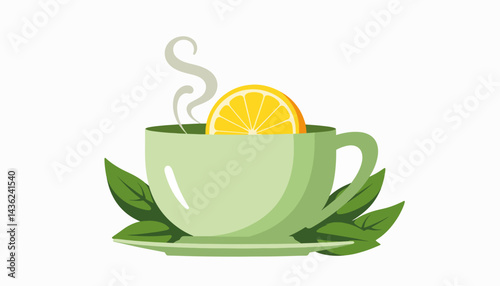 Steaming green tea with lemon slice, calming beverage illustration