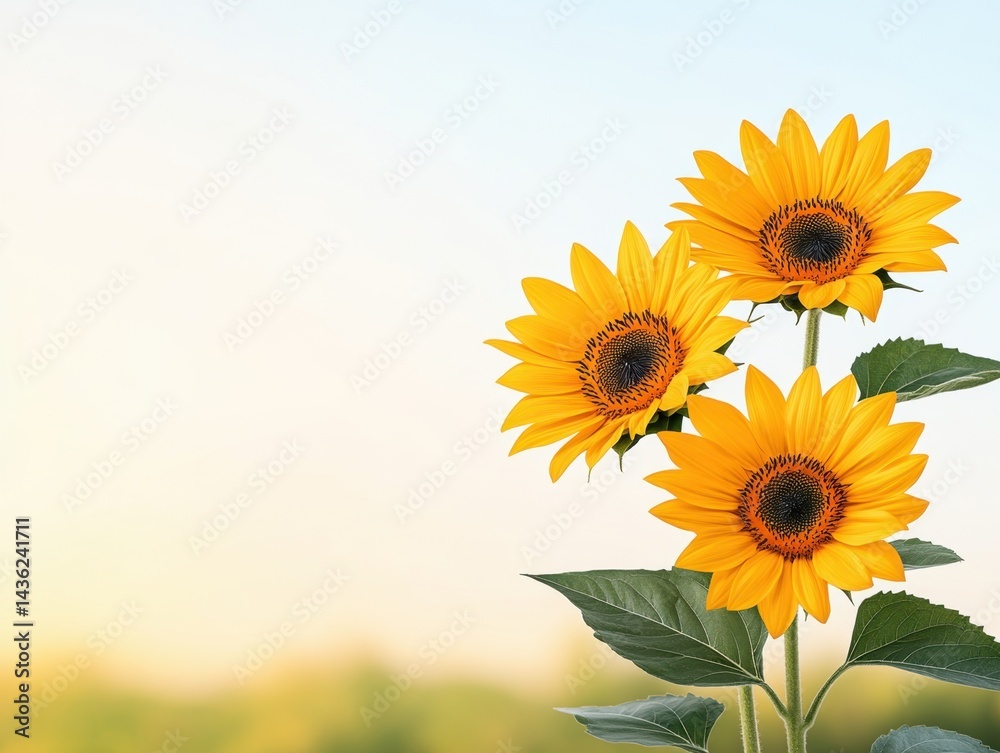 Obraz premium Three vibrant sunflowers against a soft, blurred background of a sunlit field