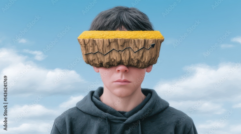A person wearing blindfolds holding a golden chart, walking toward a cliff edge, symbolizing blinded investment decisions