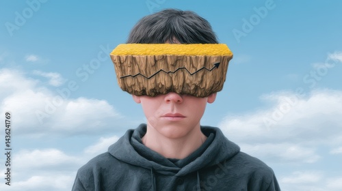 Obraz na płótnie A person wearing blindfolds holding a golden chart, walking toward a cliff edge, symbolizing blinded investment decisions w salonie