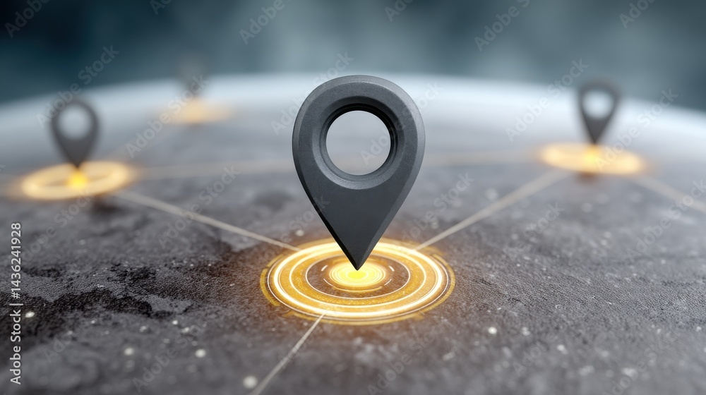 A pin icon placed at the center, connected by chains of digital blocks and smart contract symbols