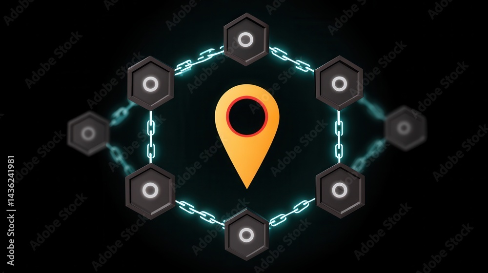 A pin icon placed at the center, connected by chains of digital blocks and smart contract symbols