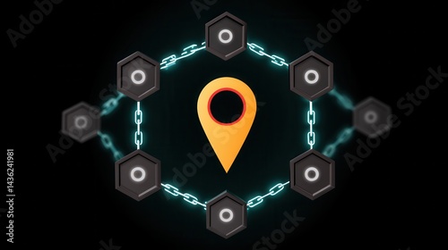 Obraz na płótnie A pin icon placed at the center, connected by chains of digital blocks and smart contract symbols w salonie