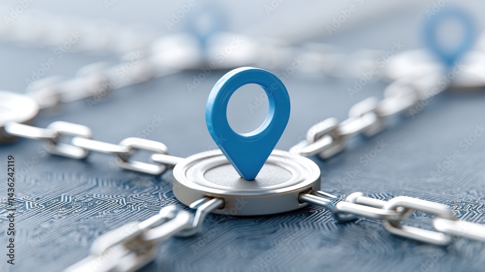 A pin icon placed at the center, connected by chains of digital blocks and smart contract symbols