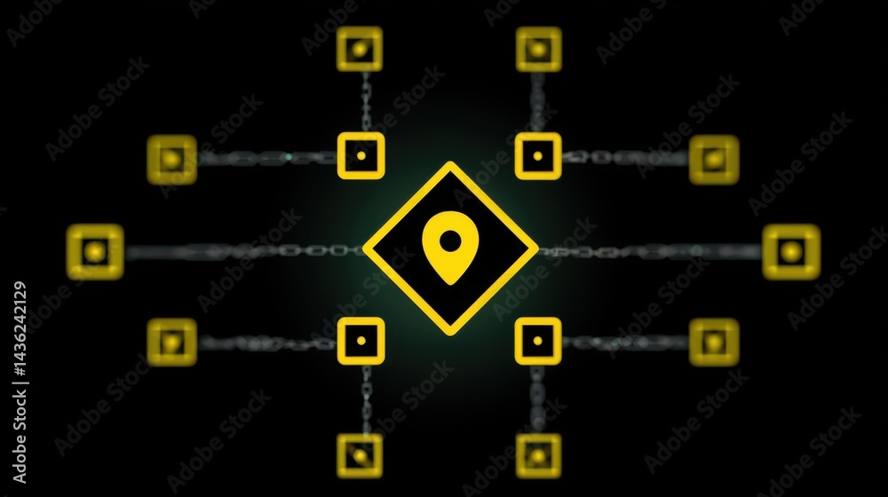 A pin icon placed at the center, connected by chains of digital blocks and smart contract symbols