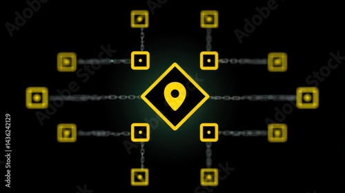 Obraz na płótnie A pin icon placed at the center, connected by chains of digital blocks and smart contract symbols w salonie