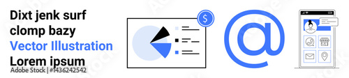 Pie chart with dollar icon, large email symbol, mobile app interface with user profile icons. Ideal for data analytics, communication, finance, email services, app development, business simple