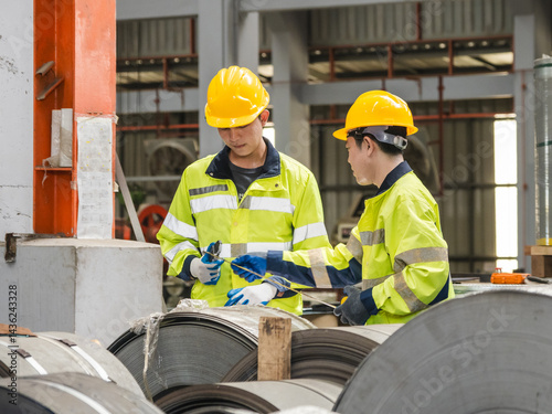 Leader manager professional talk work order staff engineer technician team hardhat and uniform safety vest hand holding document check inspection measuring tool product technology in industry factory