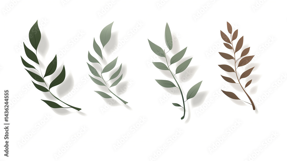 Four Botanical Branches Green Brown Leaves Minimalist Illustration Four Botanical Branches Green Brown Leaves Minimalist Illustration