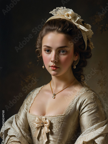 Renaissance  painting portrait of a Noble Lady in Light Green Floral Dress with Flowers in Hair, Rococo Style Portrait