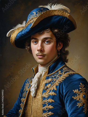 Renaissance painting portrait of a  Young Nobleman in Blue and Gold Embroidered Coat with Feathered Hat. 