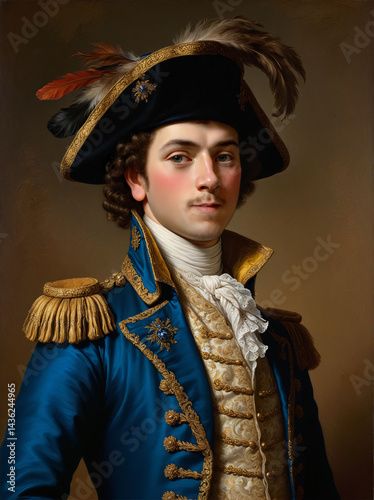 Renaissance painting portrait of a  Young Nobleman in Blue and Gold Embroidered Coat with Feathered Hat. 