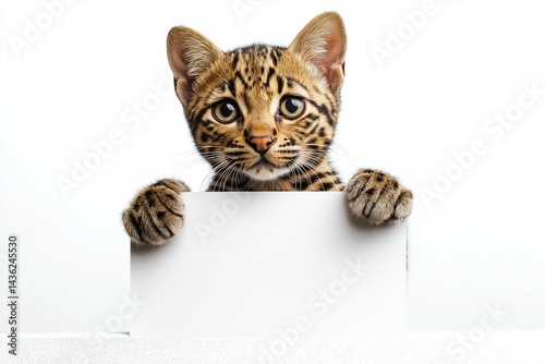 Bengal kitten holding blank sign on white background