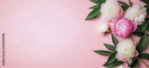 Peony flowers on pink background with copy space