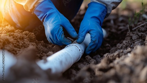 Worker repairing underground pipe with gloves in soil