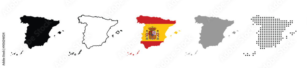 Obraz premium Spain map vector icon set. Silhouette, states, regions, outline, flag, flat, dotted styles. Vector illustration