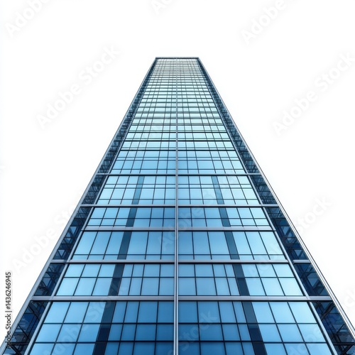Low angle view of a tall glass skyscraper against a white sky