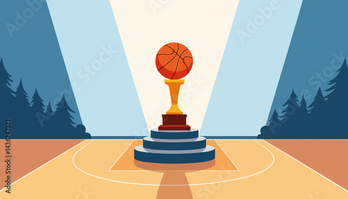 Trophy with basketball on podium in court, celebration of victory